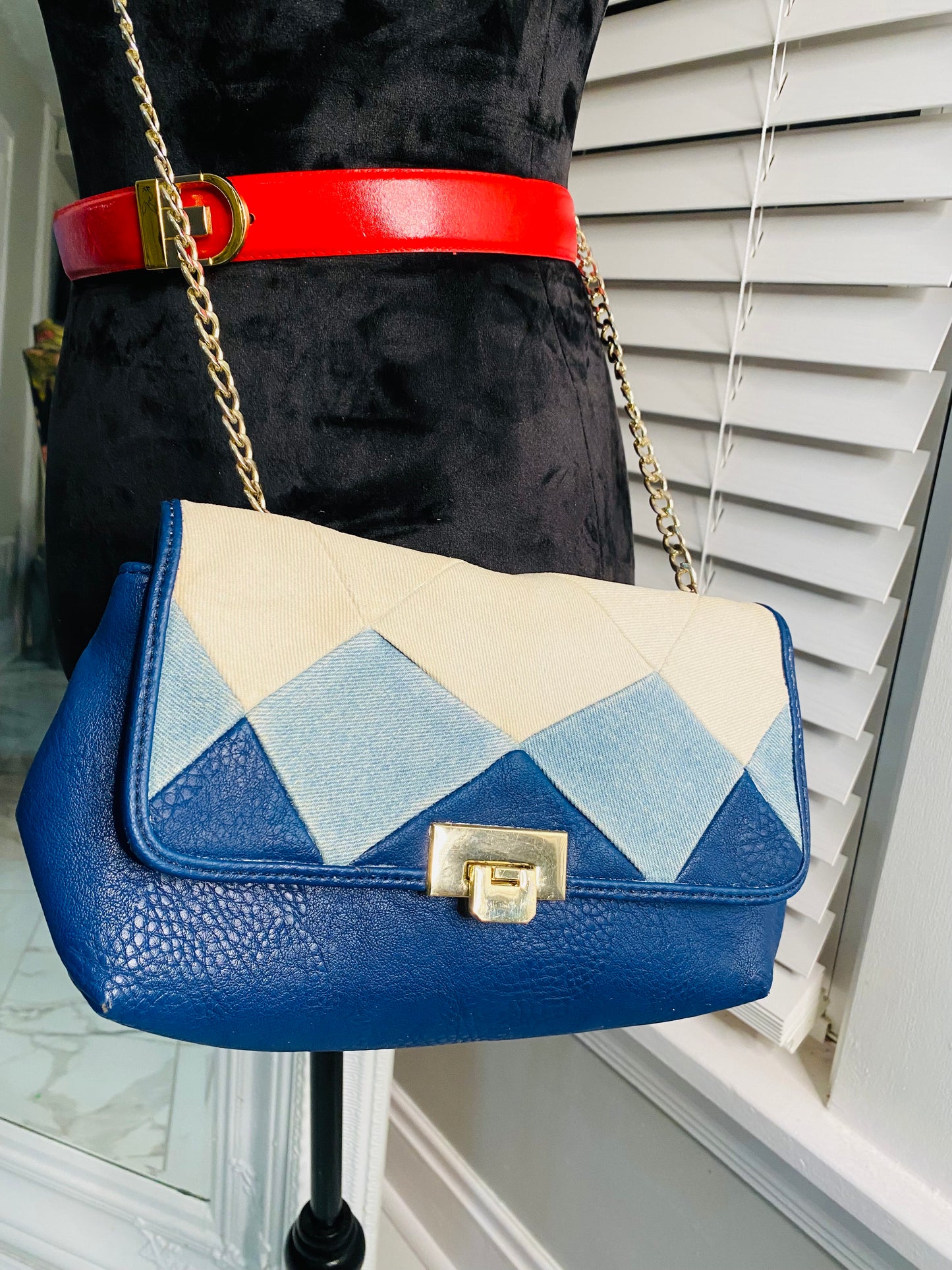 80s leather handbag with denim print