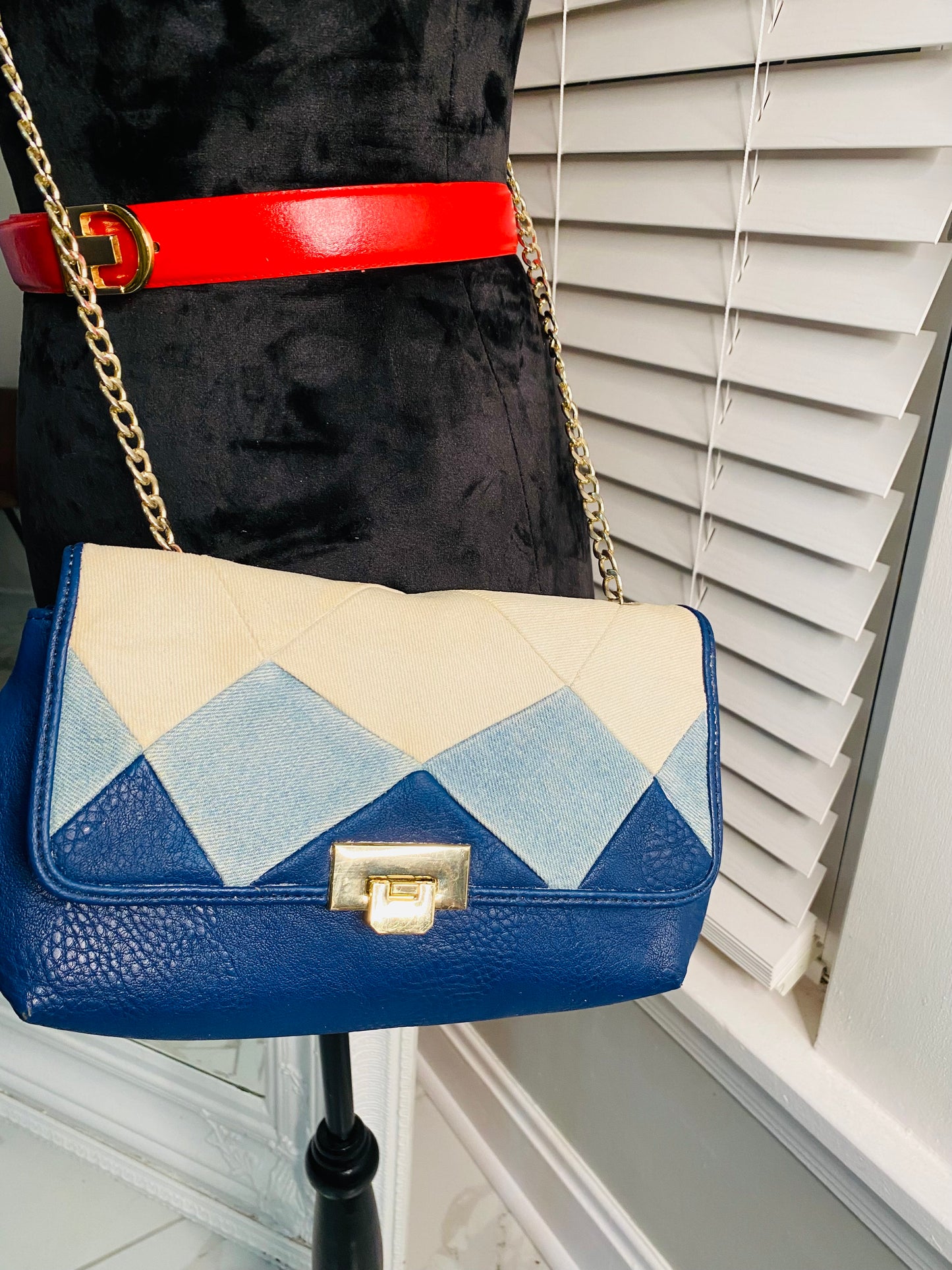 80s leather handbag with denim print