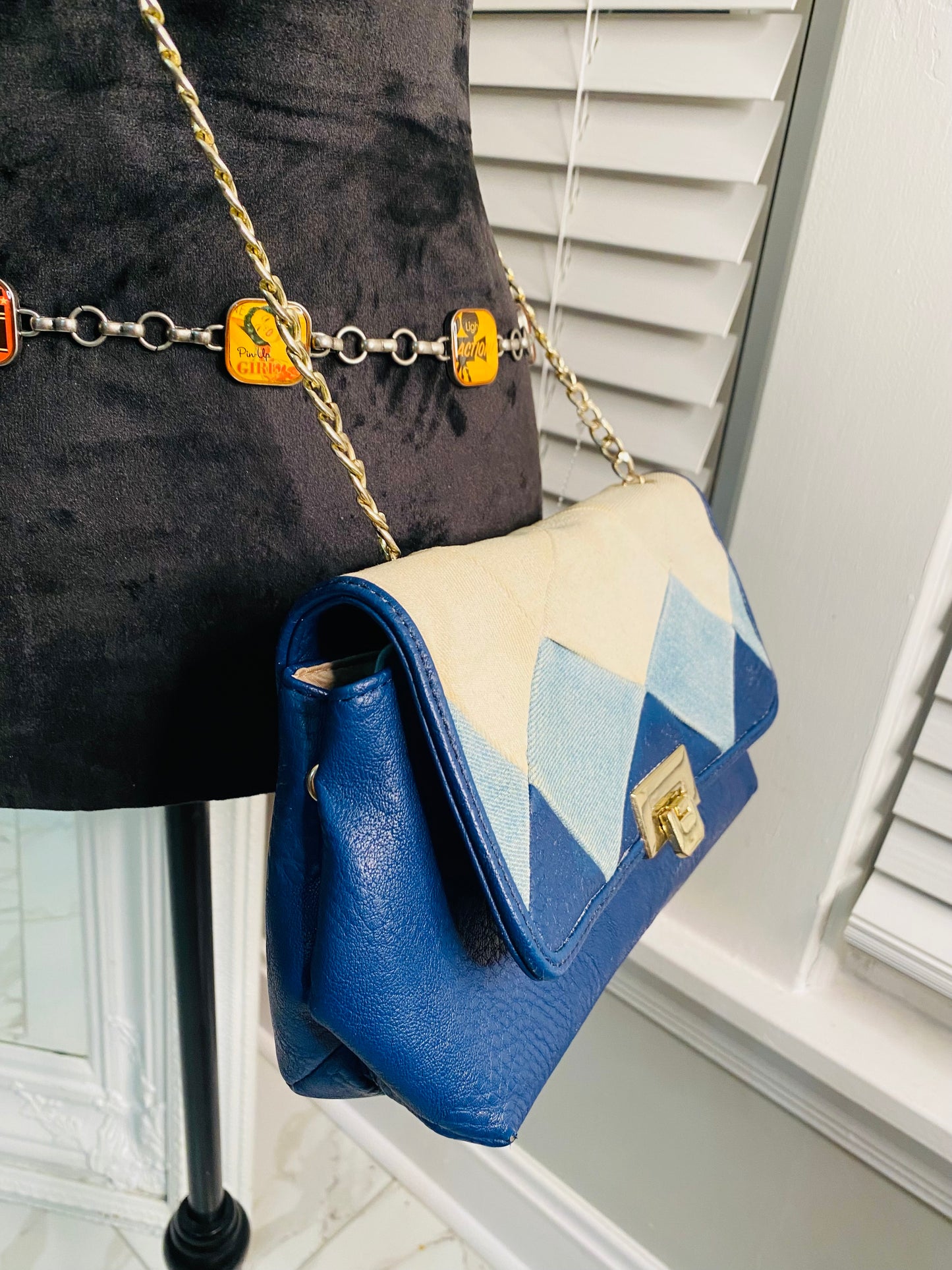 80s leather handbag with denim print