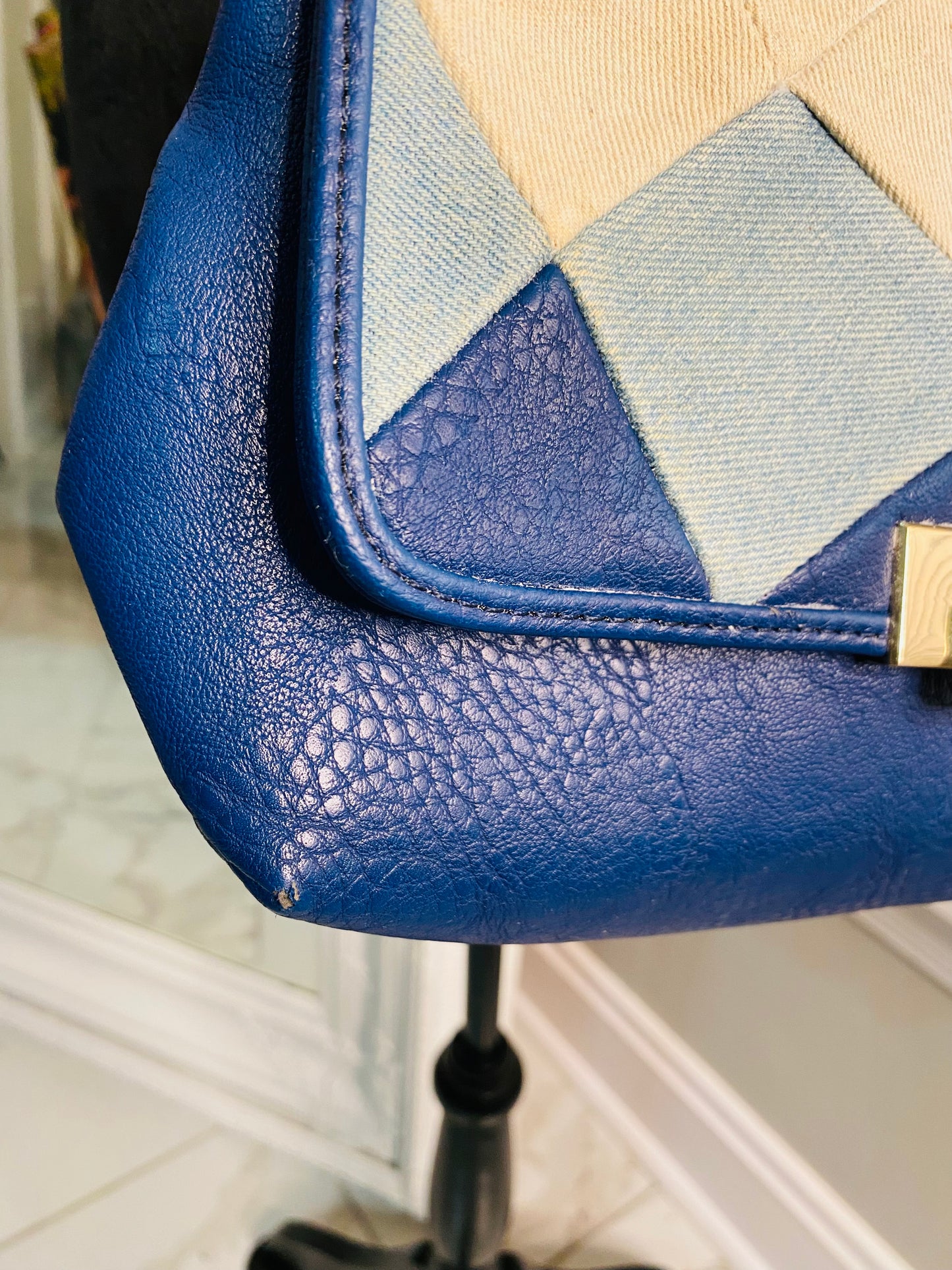 80s leather handbag with denim print
