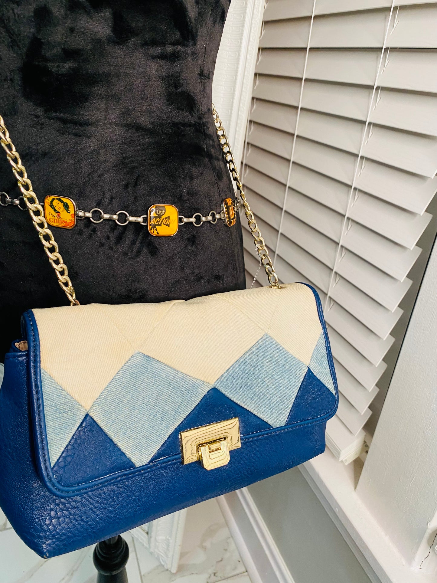 80s leather handbag with denim print